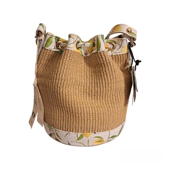 Valentina Leather & Raffia Lemon Design Crossbody Bucket Bag - Picture 7 of 8